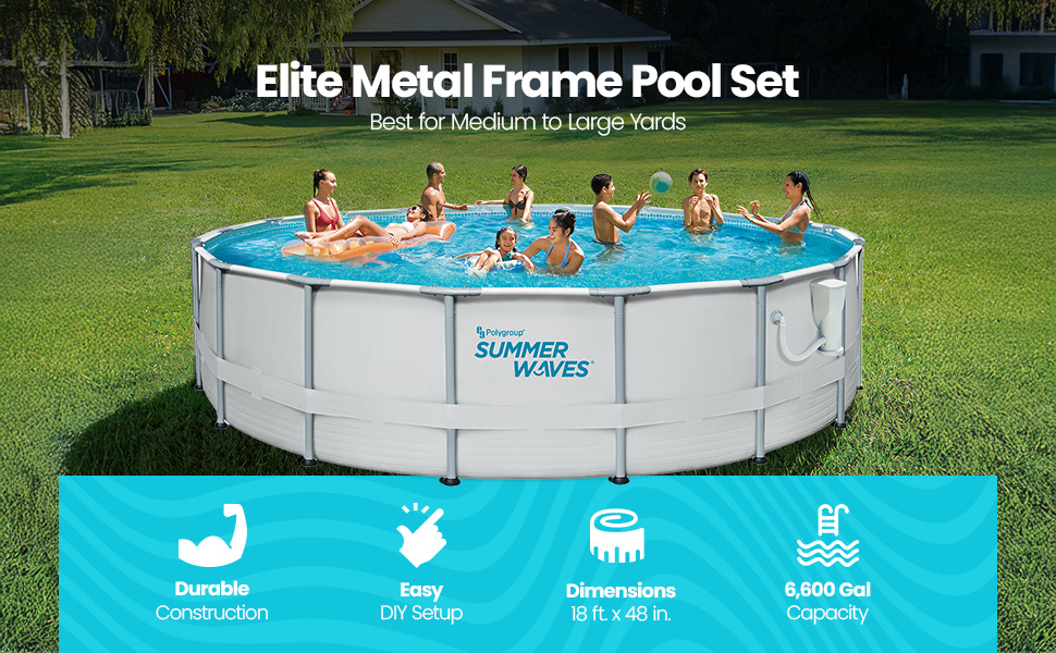 Elite Metal Frame Pool Set featuring a sturdy design, perfect for summer relaxation and family fun.