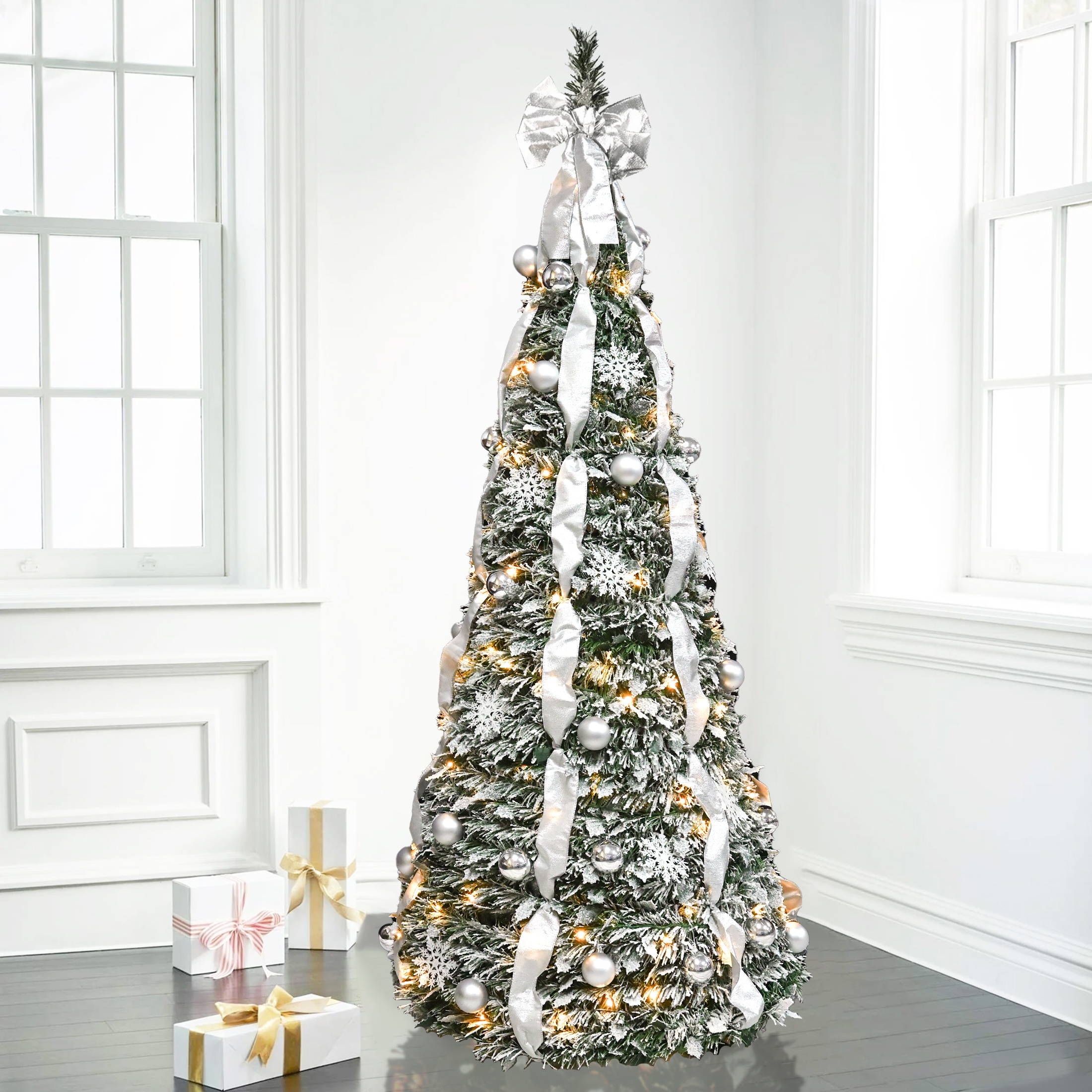 Pop Up 6ft Christmas Trees Pre Decorated, Brinthtgstar Pull Up Xmas Tree Pre Lit 150 Led Lights