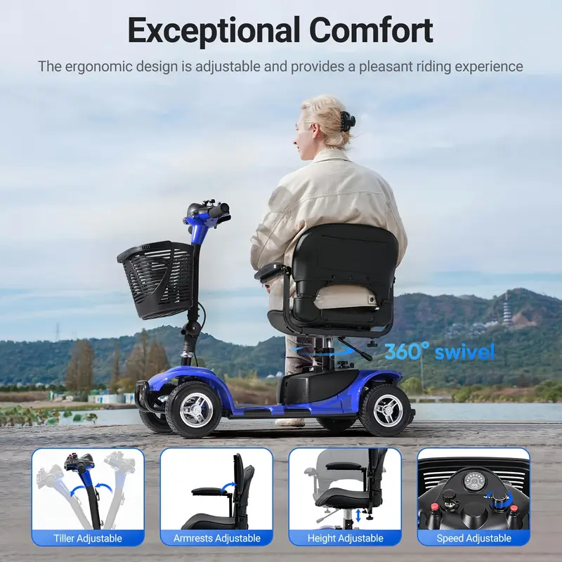   4 wheel electric mobility scooter with 180w powerful motor   range collapsible   extended   led lights basket suitable for grass   dirt snowy   scooter electric outdoor mobility aid durable tire construction Product details 3