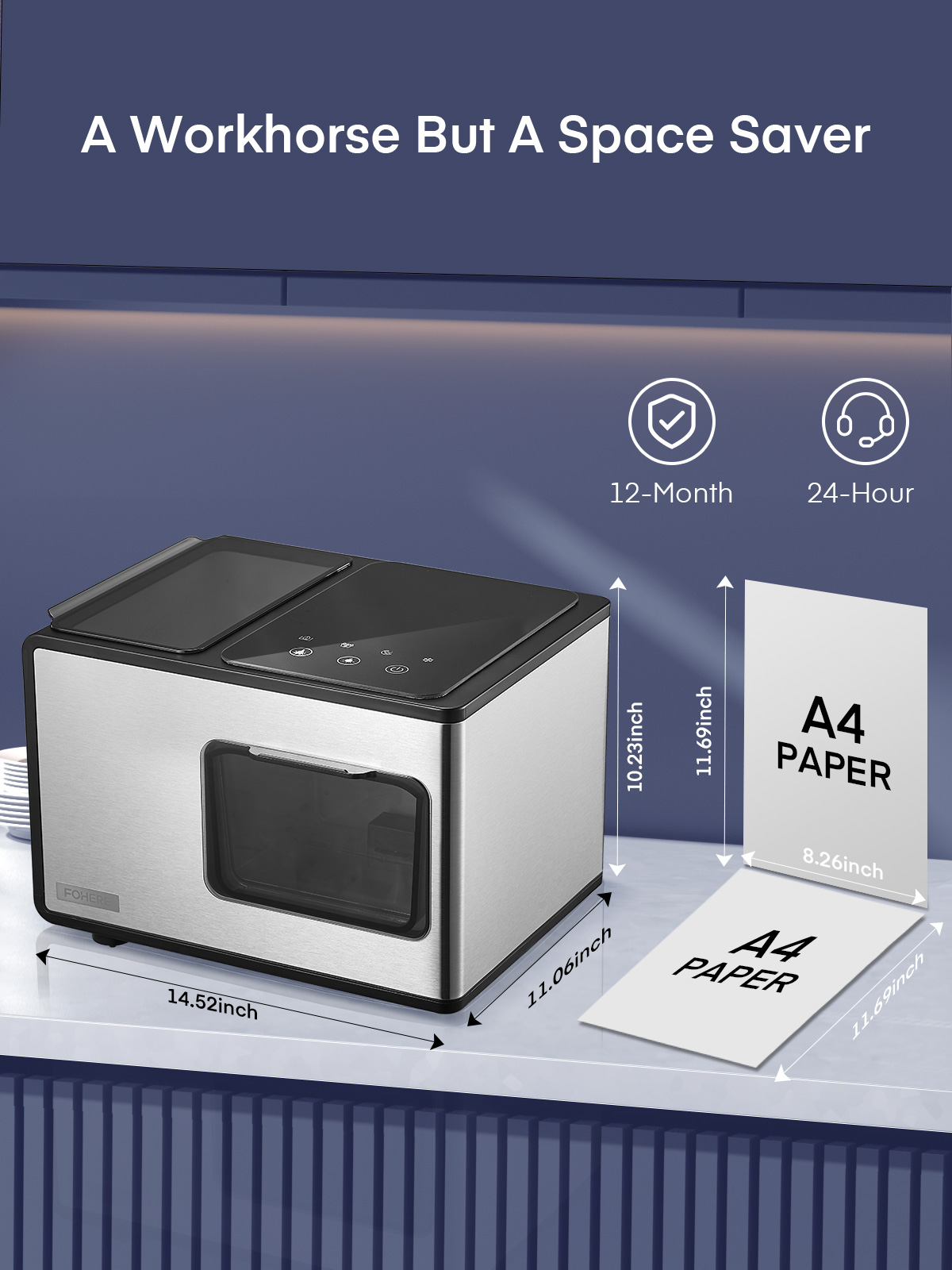 Nugget Ice Maker Countertop, 55lbs/24H, Soft Chewable Pebble Ice, Self Cleaning, Stainless Steel, Touch Screen, Compact for Home Office Party, Silver, FOHERE