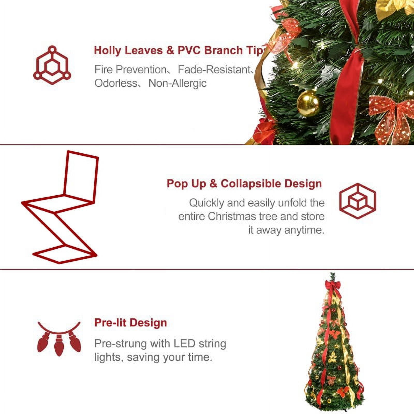 Pop Up 6ft Christmas Trees Pre Decorated, Brinthtgstar Pull Up Xmas Tree Pre Lit 150 Led Lights