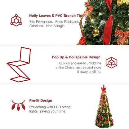 Pop Up 6ft Christmas Trees Pre Decorated, Brinthtgstar Pull Up Xmas Tree Pre Lit 150 Led Lights