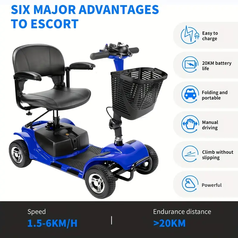   4 wheel electric mobility scooter with 180w powerful motor   range collapsible   extended   led lights basket suitable for grass   dirt snowy   scooter electric outdoor mobility aid durable tire construction Product details 5
