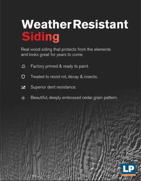 Text reads, "Weather resistant siding. Real wood siding that protects from the elements and looks great for years to come. Factory primed &amp; ready to paint. Treated to resist rot, decay, and insects. Superior dent resistance. Beautiful, deeply embossed cedar grain pattern."
