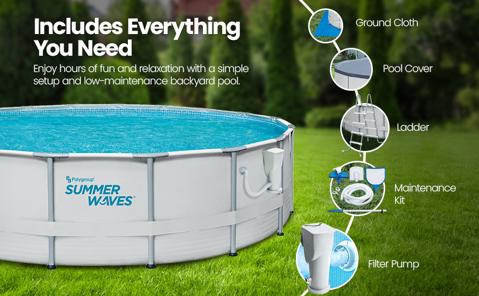 A serene swimming pool featuring the phrase "everything you need" elegantly displayed.