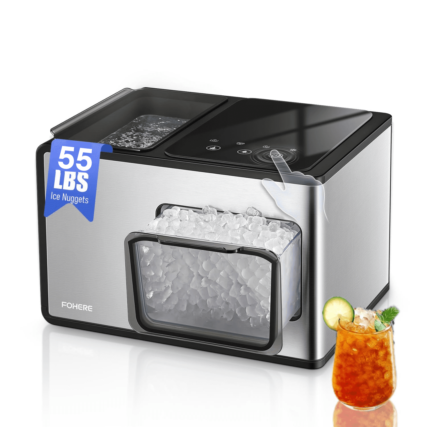 Nugget Ice Maker Countertop, 55lbs/24H, Soft Chewable Pebble Ice, Self Cleaning, Stainless Steel, Touch Screen, Compact for Home Office Party, Silver, FOHERE