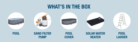 Pool comes with maintenance kit, sand filter pump, solar water heater, pool ladder and cover.