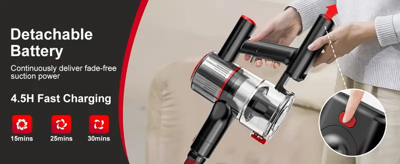 6 in 1 cordless vacuum cleaner with led display 20000 pa strong suction detachable battery crevice tool sofa brush red   for hard floors carpet pet hair details 9