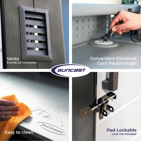 Vents provide air circulation. Conveninet electrical cord passthrough. easy to clean. pad-lockable (lock not included)