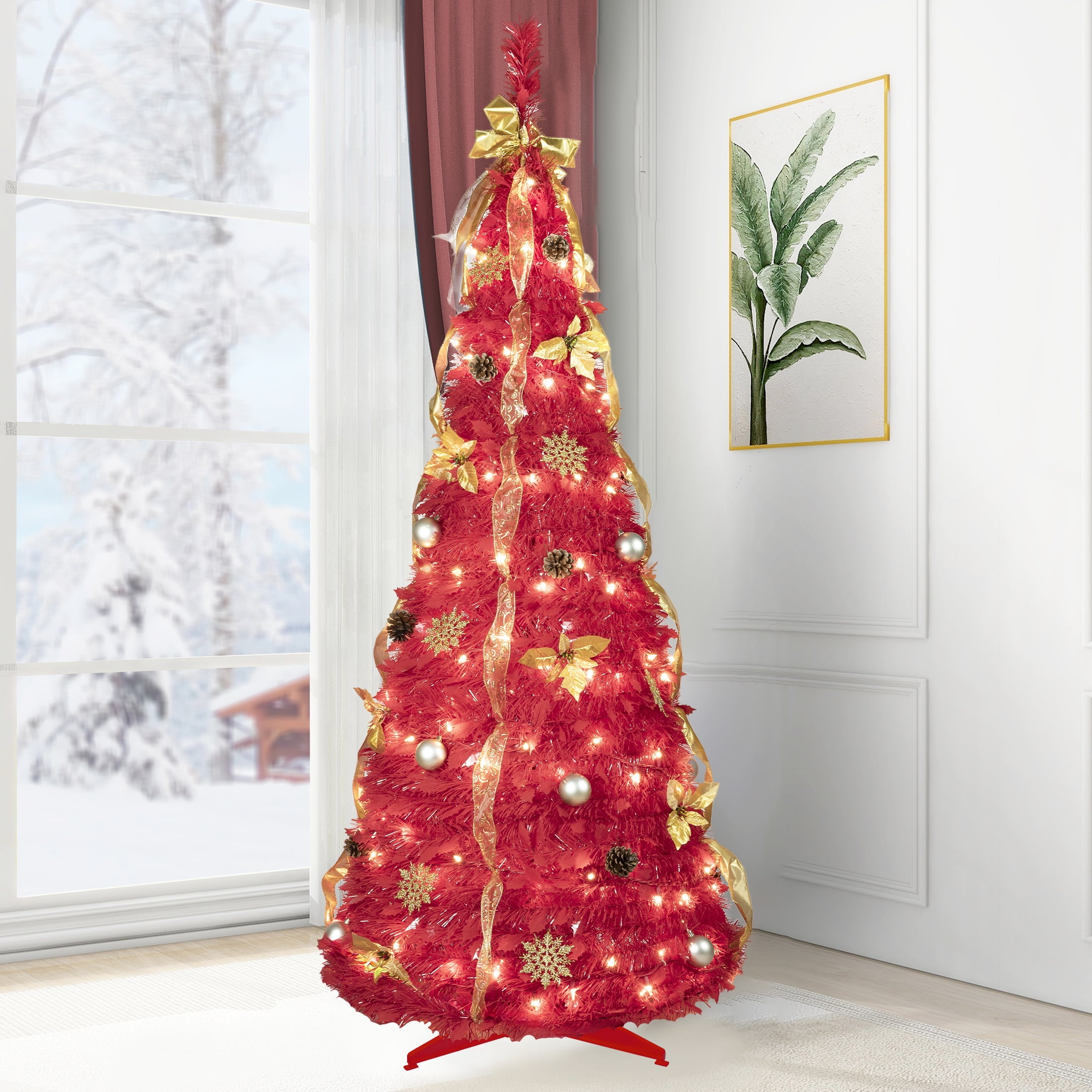 Pop Up 6ft Christmas Trees Pre Decorated, Brinthtgstar Pull Up Xmas Tree Pre Lit 150 Led Lights