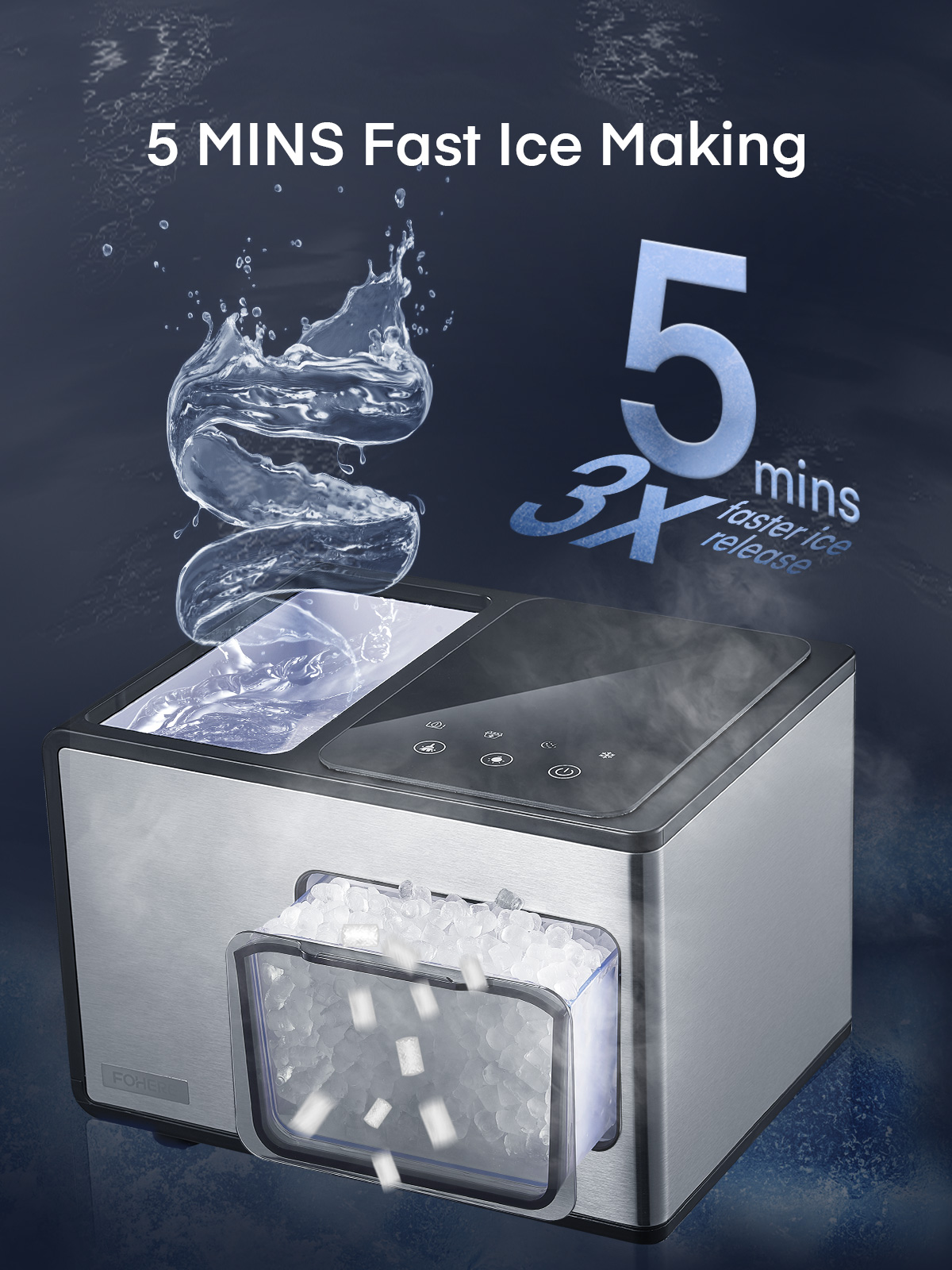 Nugget Ice Maker Countertop, 55lbs/24H, Soft Chewable Pebble Ice, Self Cleaning, Stainless Steel, Touch Screen, Compact for Home Office Party, Silver, FOHERE