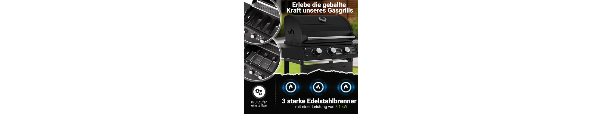 Juskys Gasgrill Louisiana, 3 Brenner, 8,1 kW, emaillierter Rost, Thermometer, Seitenablagen