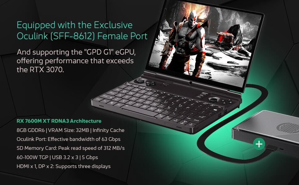 An image of the GPD Win Max 2 (2024) gaming laptop connected to the GPD G1 Oculink eGPU. The GPD Win Max 2 is shown with its sleek, compact design, backlit keyboard, and large display. The GPD G1 Oculink is positioned next to it, connected via a high-speed Oculink cable, enhancing the gaming performance with its powerful external graphics card.