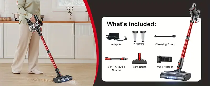 6 in 1 cordless vacuum cleaner with led display 20000 pa strong suction detachable battery crevice tool sofa brush red   for hard floors carpet pet hair details 10