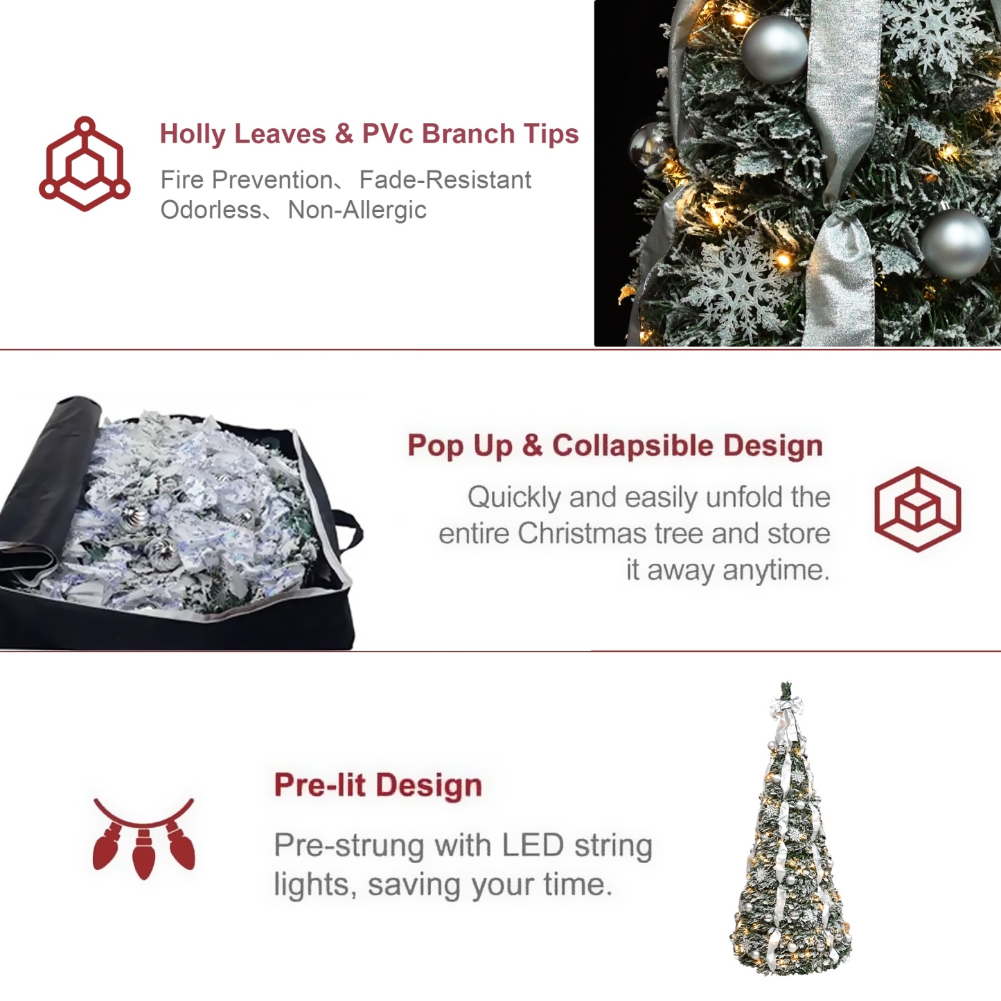 Pop Up 6ft Christmas Trees Pre Decorated, Brinthtgstar Pull Up Xmas Tree Pre Lit 150 Led Lights