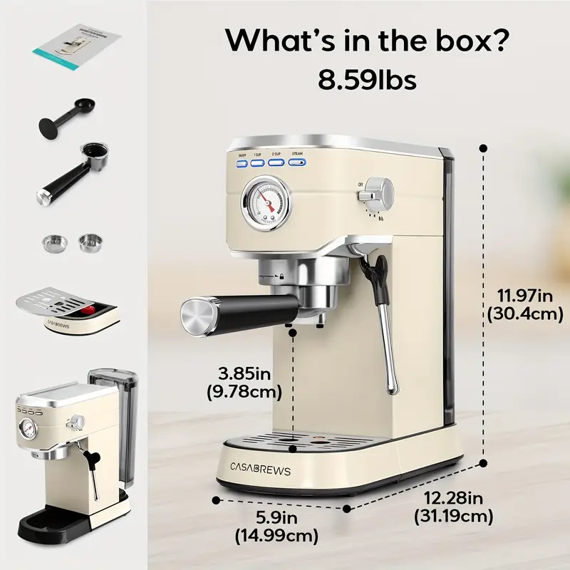 elegant beige 1l 34oz espresso maker 20 bar pressure stainless steel with powerful steam wand   lattes cappuccinos   with   reusable   for home use barista coffee machine sleek coffee maker durable construction coffee bar details 2