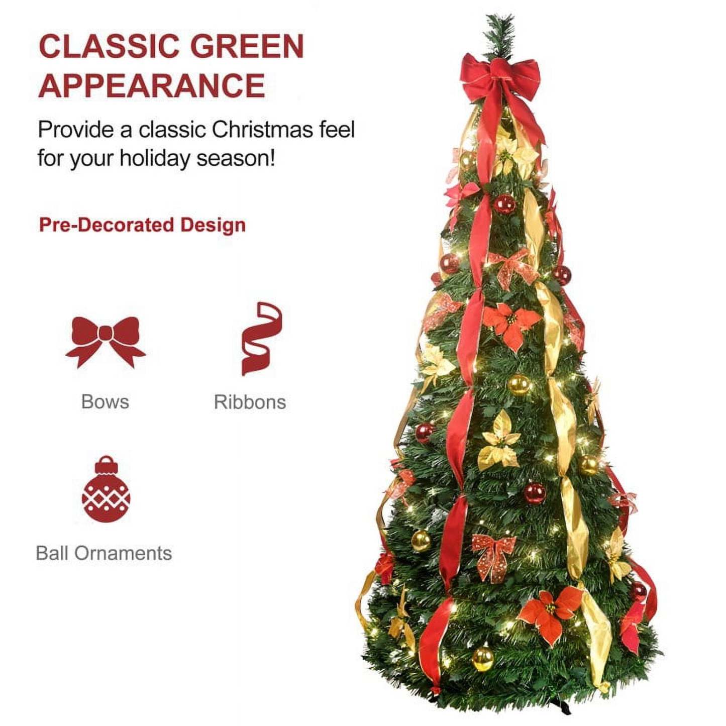 Pop Up 6ft Christmas Trees Pre Decorated, Brinthtgstar Pull Up Xmas Tree Pre Lit 150 Led Lights