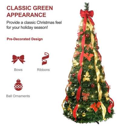 Pop Up 6ft Christmas Trees Pre Decorated, Brinthtgstar Pull Up Xmas Tree Pre Lit 150 Led Lights