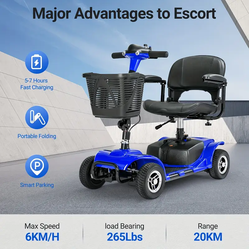  4 wheel electric mobility scooter with 180w powerful motor   range collapsible   extended   led lights basket suitable for grass   dirt snowy   scooter electric outdoor mobility aid durable tire construction Product details 0