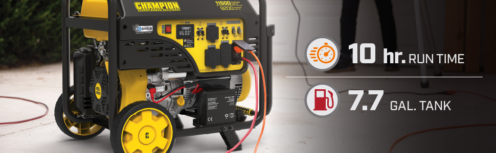 Fill up the 7.7-gallon tank of gasoline, and enjoy up to 10 hours of power at 50% load