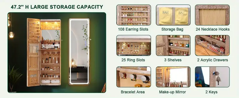   led   jewelry cabinet with rgb lights 47 2 wall mounted wooden   organizer full length   2 drawers lockable storage for bedroom bathroom contemporary design white hardwood   details 1