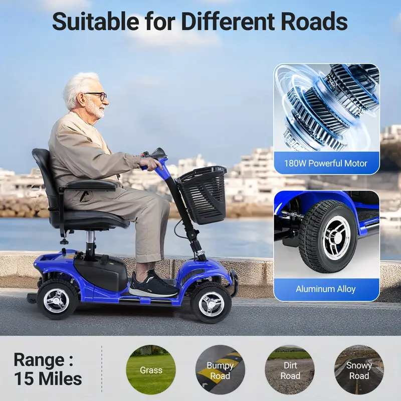   4 wheel electric mobility scooter with 180w powerful motor   range collapsible   extended   led lights basket suitable for grass   dirt snowy   scooter electric outdoor mobility aid durable tire construction Product details 2