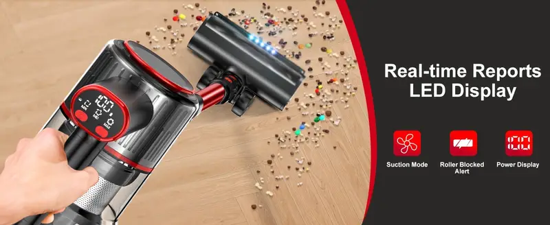 6 in 1 cordless vacuum cleaner with led display 20000 pa strong suction detachable battery crevice tool sofa brush red   for hard floors carpet pet hair details 2