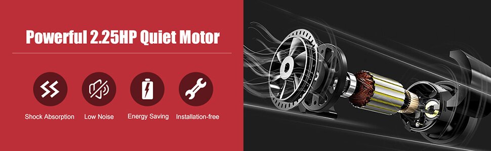 Powerful 2.25HP Quiet Motor: Shock Absorption, Low Noise, Energy Saving, Installation-free.