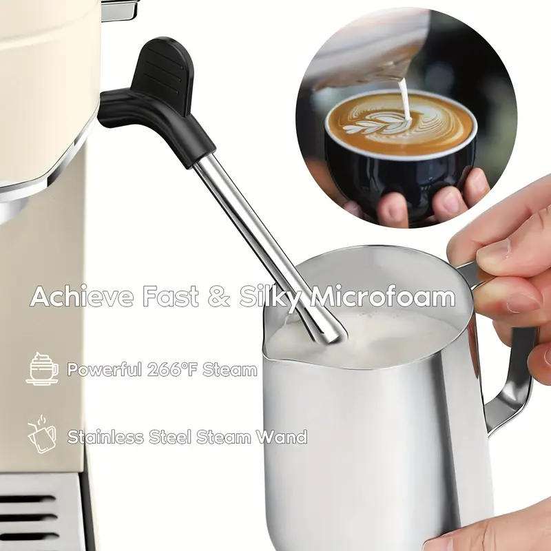 elegant beige 1l 34oz espresso maker 20 bar pressure stainless steel with powerful steam wand   lattes cappuccinos   with   reusable   for home use barista coffee machine sleek coffee maker durable construction coffee bar details 7