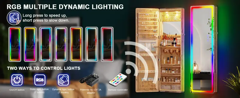   led   jewelry cabinet with rgb lights 47 2 wall mounted wooden   organizer full length   2 drawers lockable storage for bedroom bathroom contemporary design white hardwood   details 5