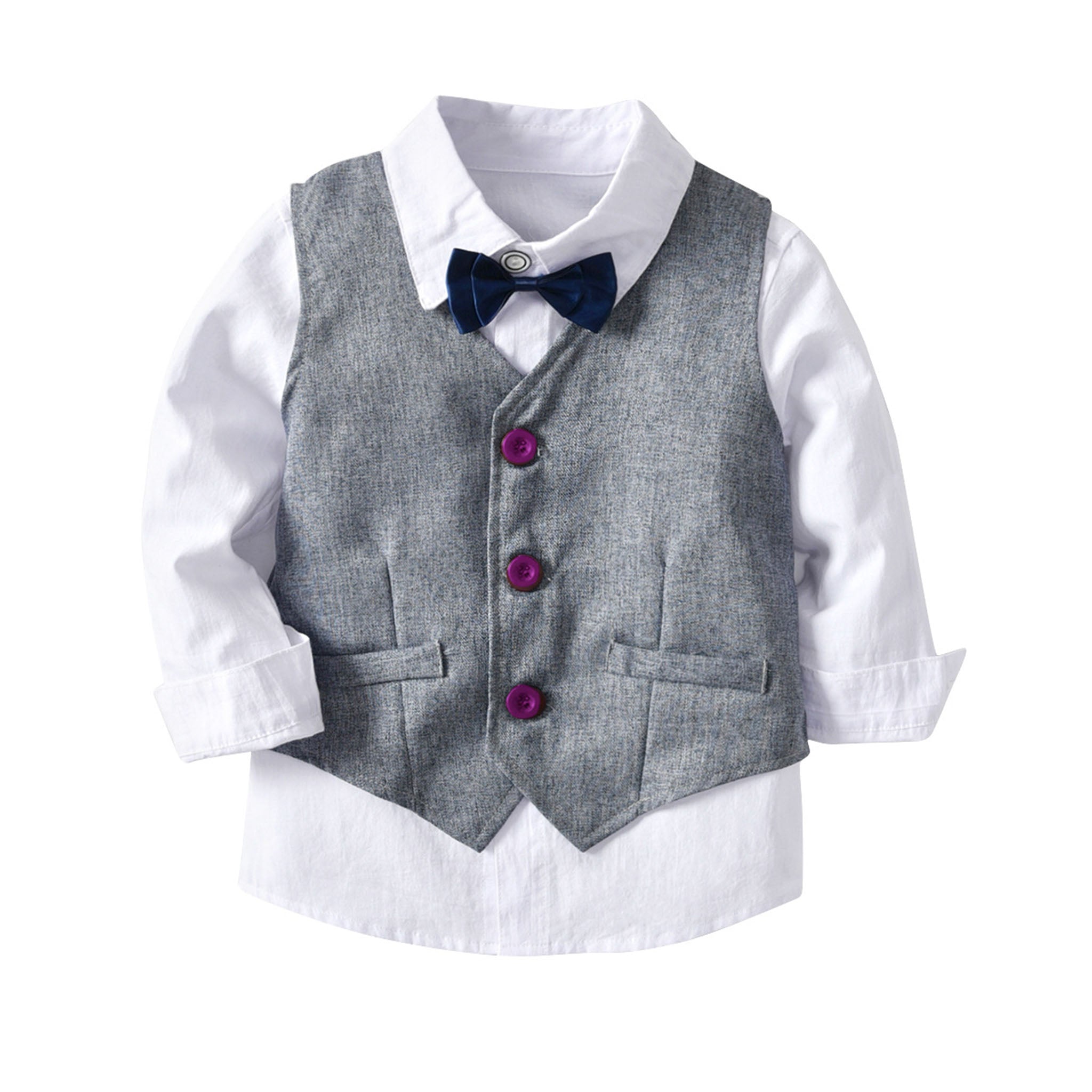 Boy's Four-piece Long-sleeved Shirt and Gray Vest and Trousers
