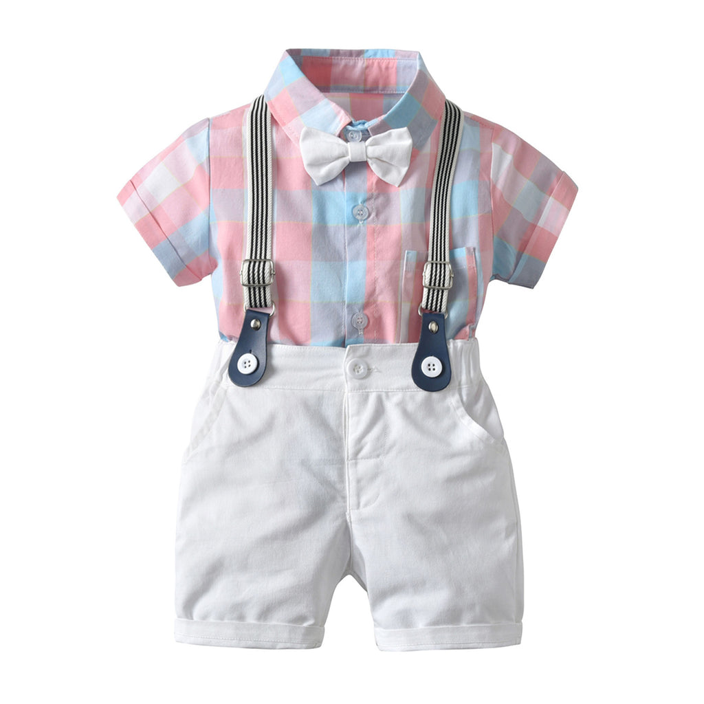 Boy's Suit with Plaid Bow Tie and Romper Short-sleeved Suspender Shorts Four-piece Suit