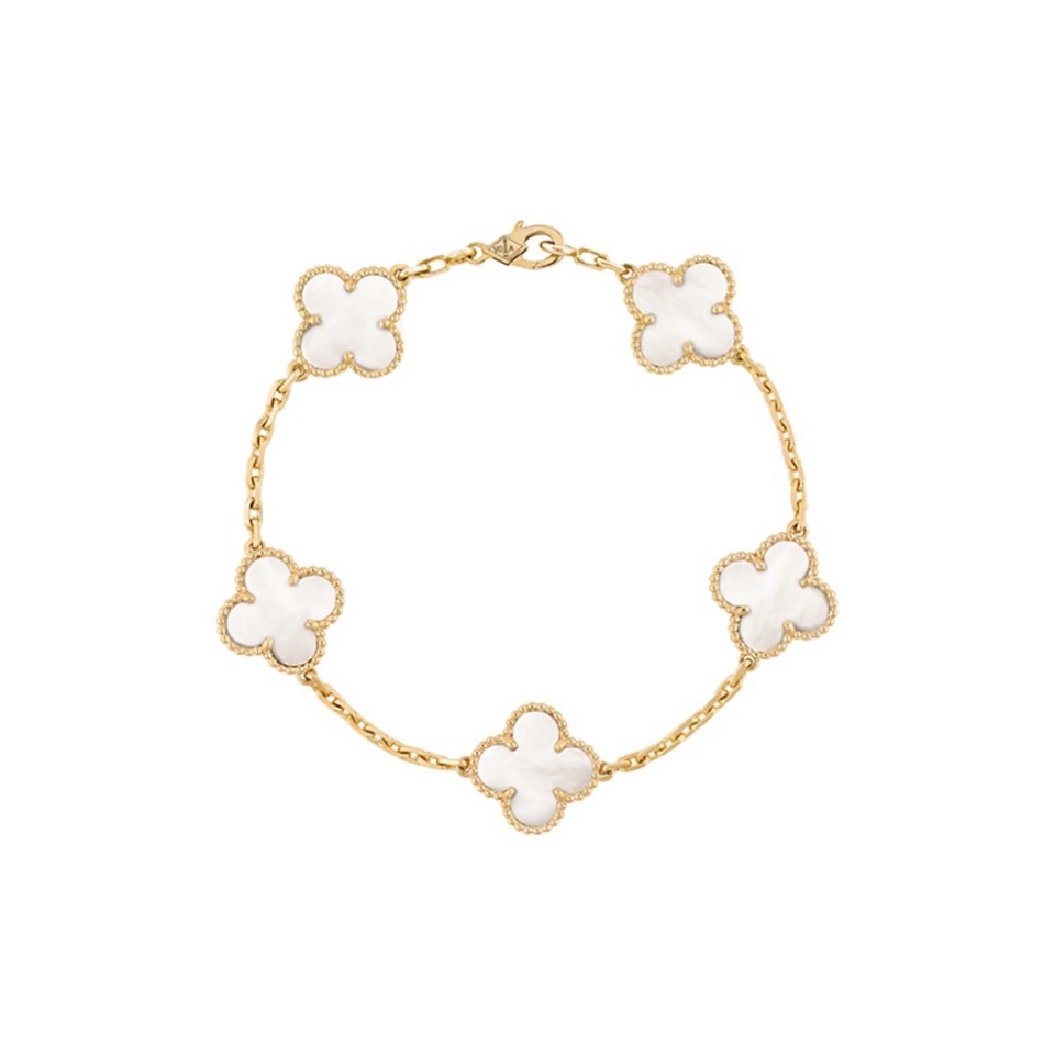 VCA White Fritillaria Clover Bracelet with White Gold Five Flowers