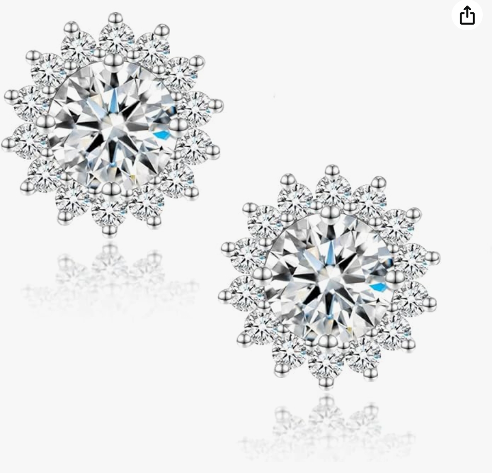 1CT sunflower Moissanite Stud Earrings, DF Color Ideal Cut Lab Created Diamond 18K White Gold Plated Earrings for Women with Certificate of Authenticity ﻿