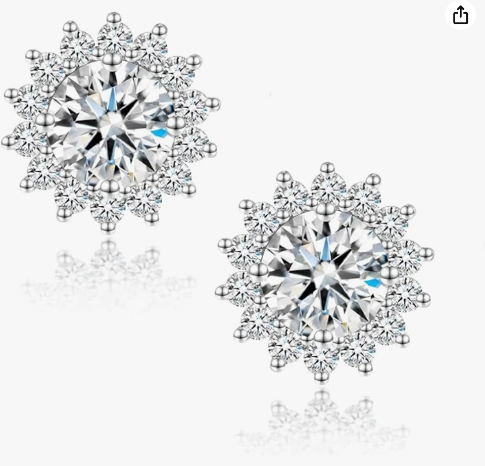1CT sunflower Moissanite Stud Earrings, DF Color Ideal Cut Lab Created Diamond 18K White Gold Plated Earrings for Women with Certificate of Authenticity ﻿