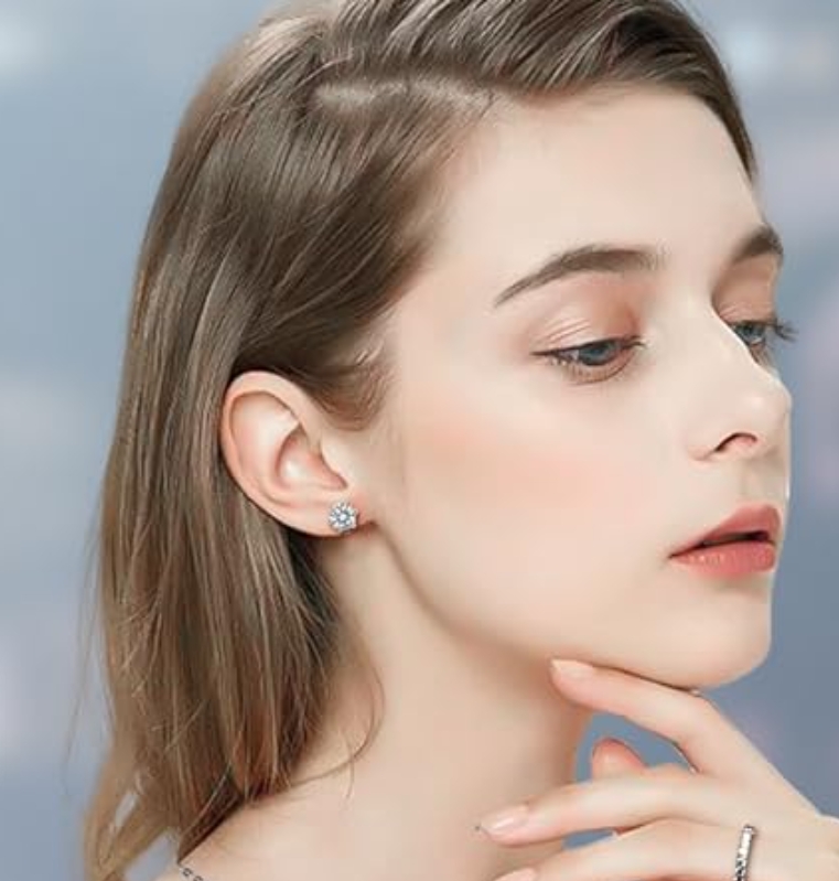 1CT sunflower Moissanite Stud Earrings, DF Color Ideal Cut Lab Created Diamond 18K White Gold Plated Earrings for Women with Certificate of Authenticity ﻿