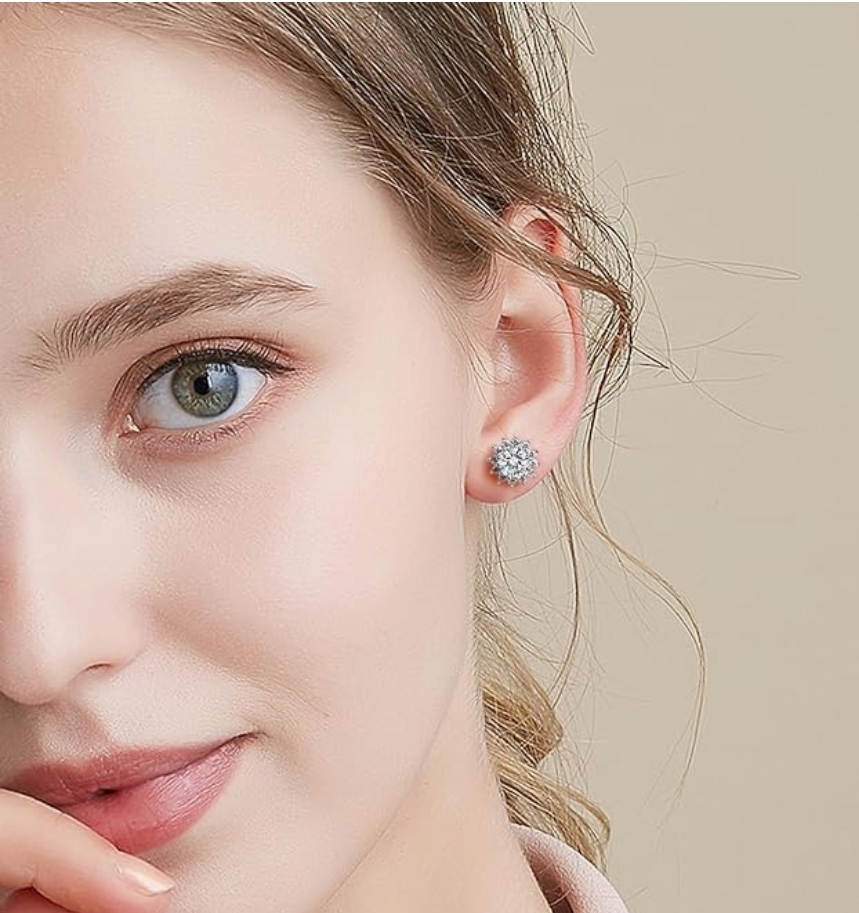 1CT sunflower Moissanite Stud Earrings, DF Color Ideal Cut Lab Created Diamond 18K White Gold Plated Earrings for Women with Certificate of Authenticity ﻿