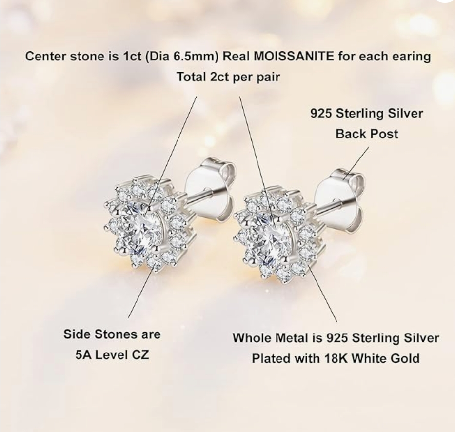 1CT sunflower Moissanite Stud Earrings, DF Color Ideal Cut Lab Created Diamond 18K White Gold Plated Earrings for Women with Certificate of Authenticity ﻿