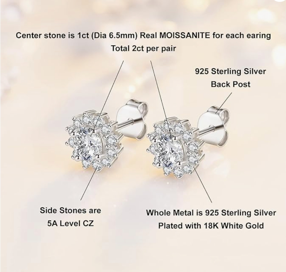 1CT sunflower Moissanite Stud Earrings, DF Color Ideal Cut Lab Created Diamond 18K White Gold Plated Earrings for Women with Certificate of Authenticity ﻿