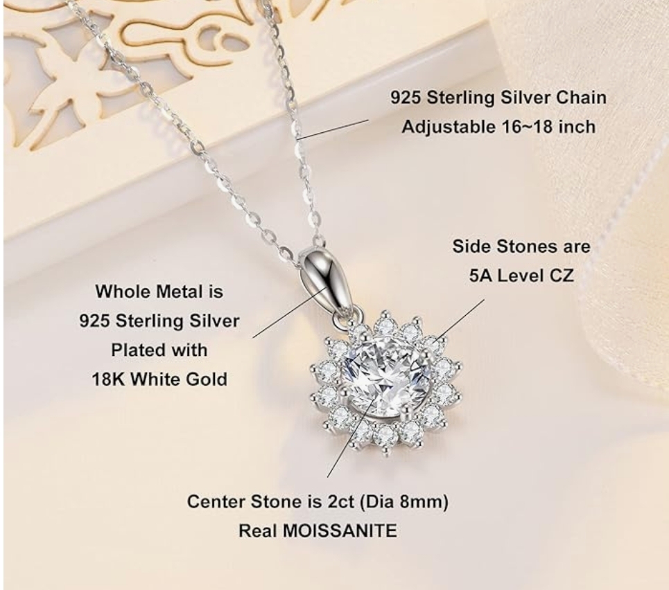 1CT Moissanite Pendant Necklace 18K White Gold Plated Silver D Color Ideal Cut Diamond Necklace for Women with Certificate of Authenticity