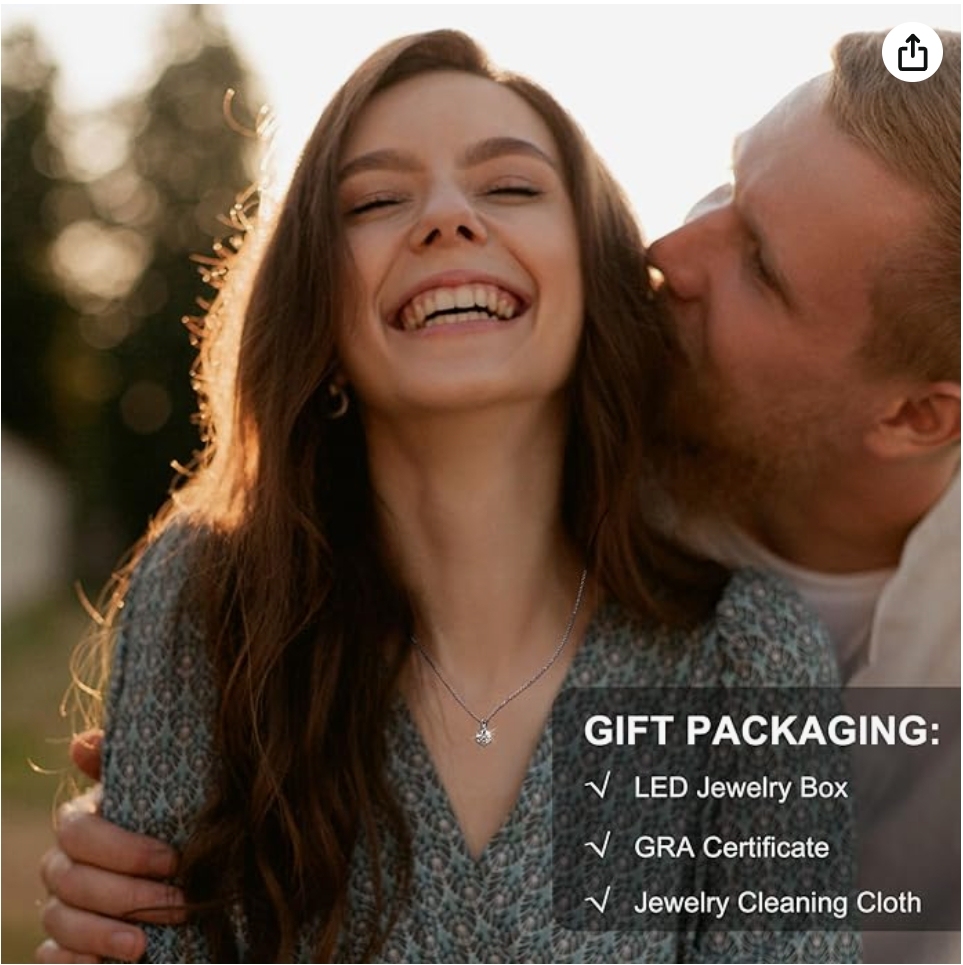 1CT Moissanite Pendant Necklace 18K White Gold Plated Silver D Color Ideal Cut Diamond Necklace for Women with Certificate of Authenticity