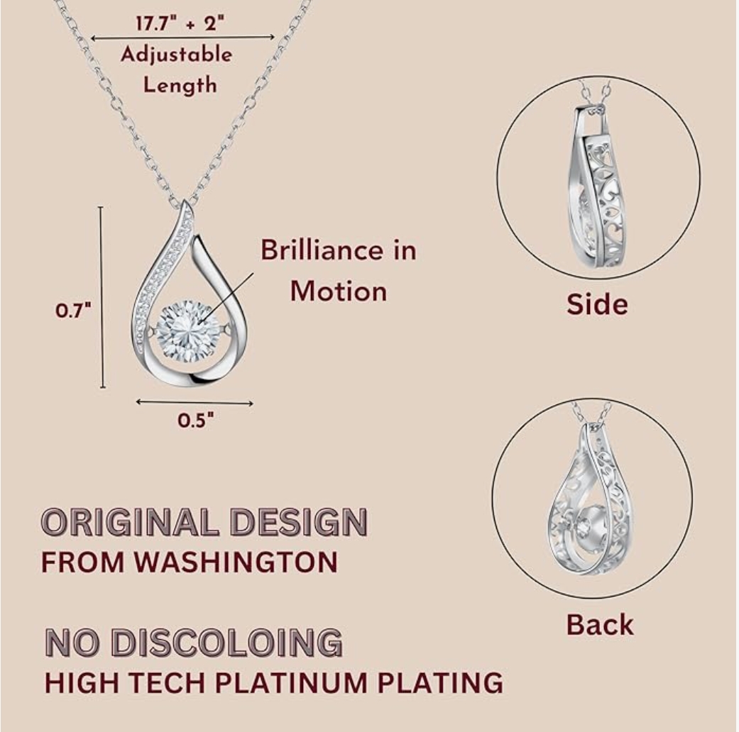 DROP TEAR moisanite Necklace with Brilliance in Motion, Necklace for Women, Tear Drop Pendant and Chain S925 Sterling Silver Plated with 5X Platinum, 1.0 CT Lab-Created Diamond D Color, VVS1 Clarity, Simulated Diamond, Jewelry Gifts for Wife, Graduation, 