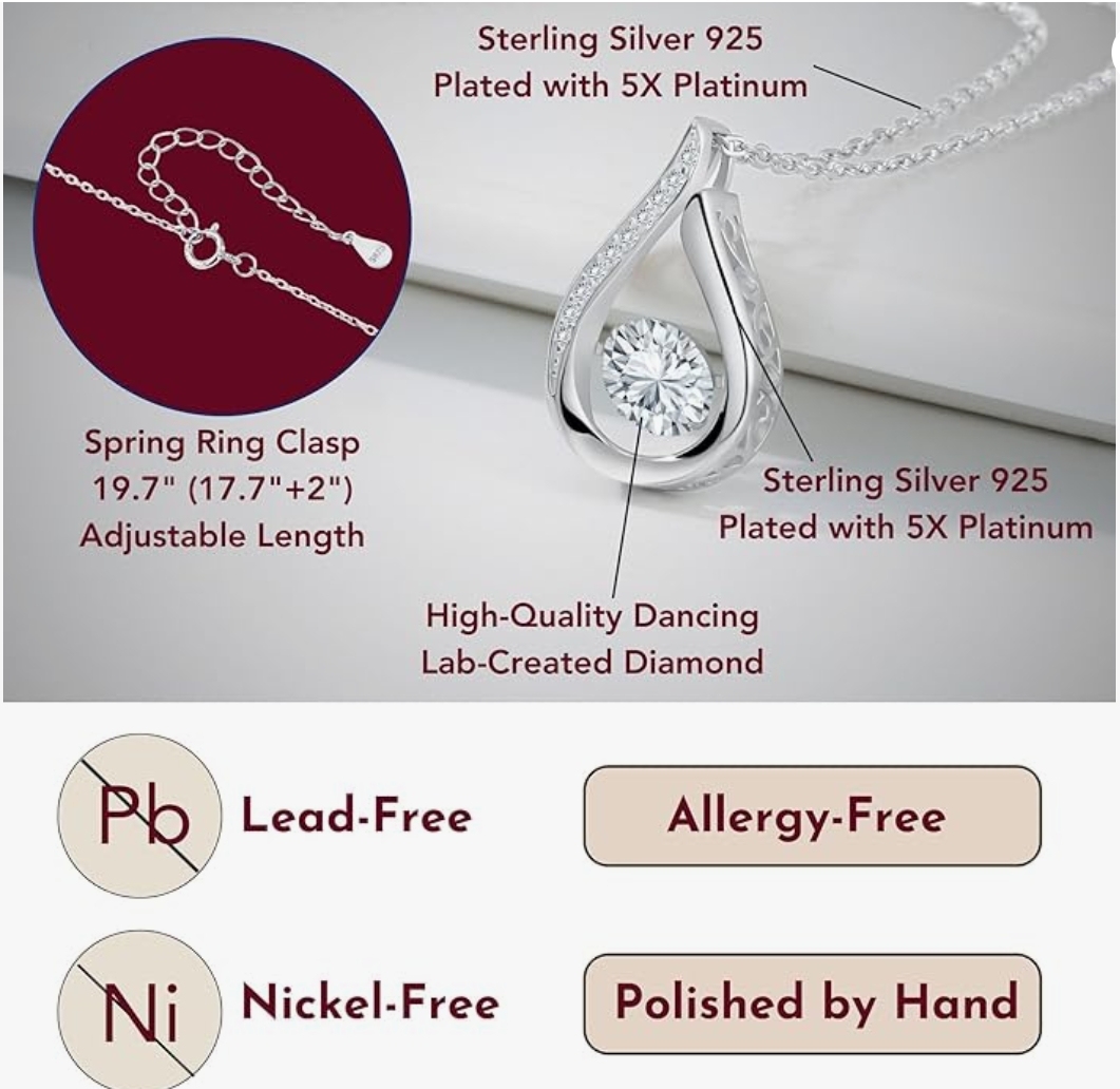 DROP TEAR moisanite Necklace with Brilliance in Motion, Necklace for Women, Tear Drop Pendant and Chain S925 Sterling Silver Plated with 5X Platinum, 1.0 CT Lab-Created Diamond D Color, VVS1 Clarity, Simulated Diamond, Jewelry Gifts for Wife, Graduation, 