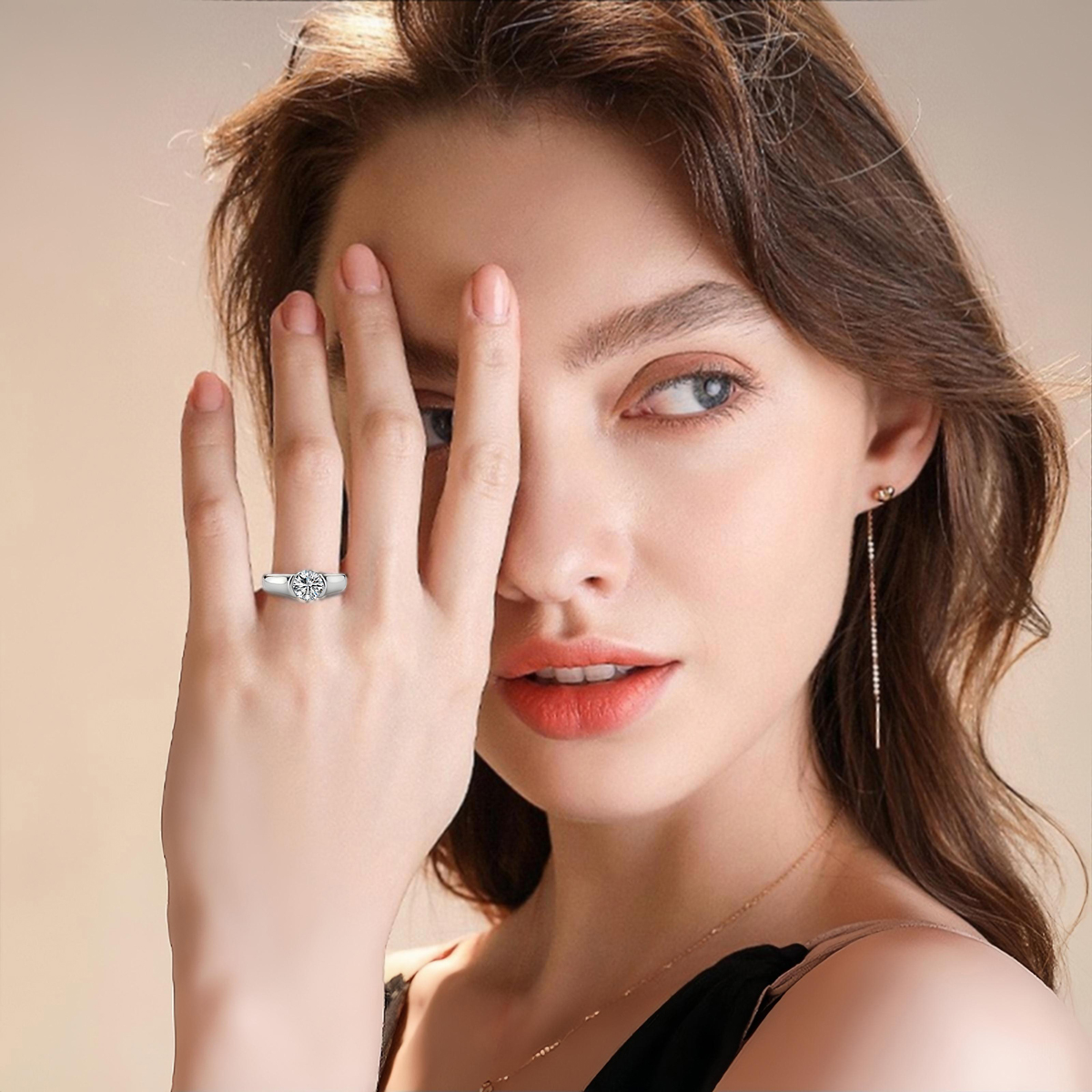 2 Carat Moissanite Half Bezel Set Ring for Women Platinum Plated Silver D color VVS 8mm Moissanite Diamond Solitaire Engagement Promise Band