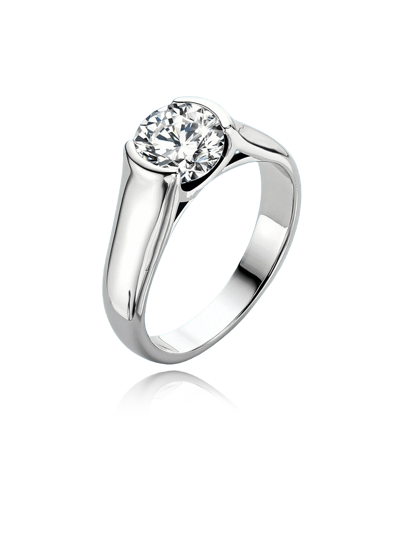 2 Carat Moissanite Half Bezel Set Ring for Women Platinum Plated Silver D color VVS 8mm Moissanite Diamond Solitaire Engagement Promise Band