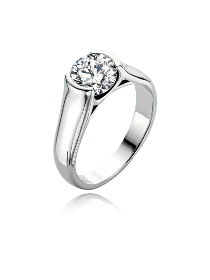 2 Carat Moissanite Half Bezel Set Ring for Women Platinum Plated Silver D color VVS 8mm Moissanite Diamond Solitaire Engagement Promise Band