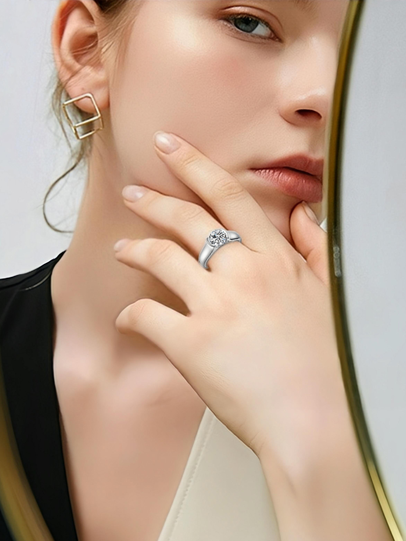 2 Carat Moissanite Half Bezel Set Ring for Women Platinum Plated Silver D color VVS 8mm Moissanite Diamond Solitaire Engagement Promise Band