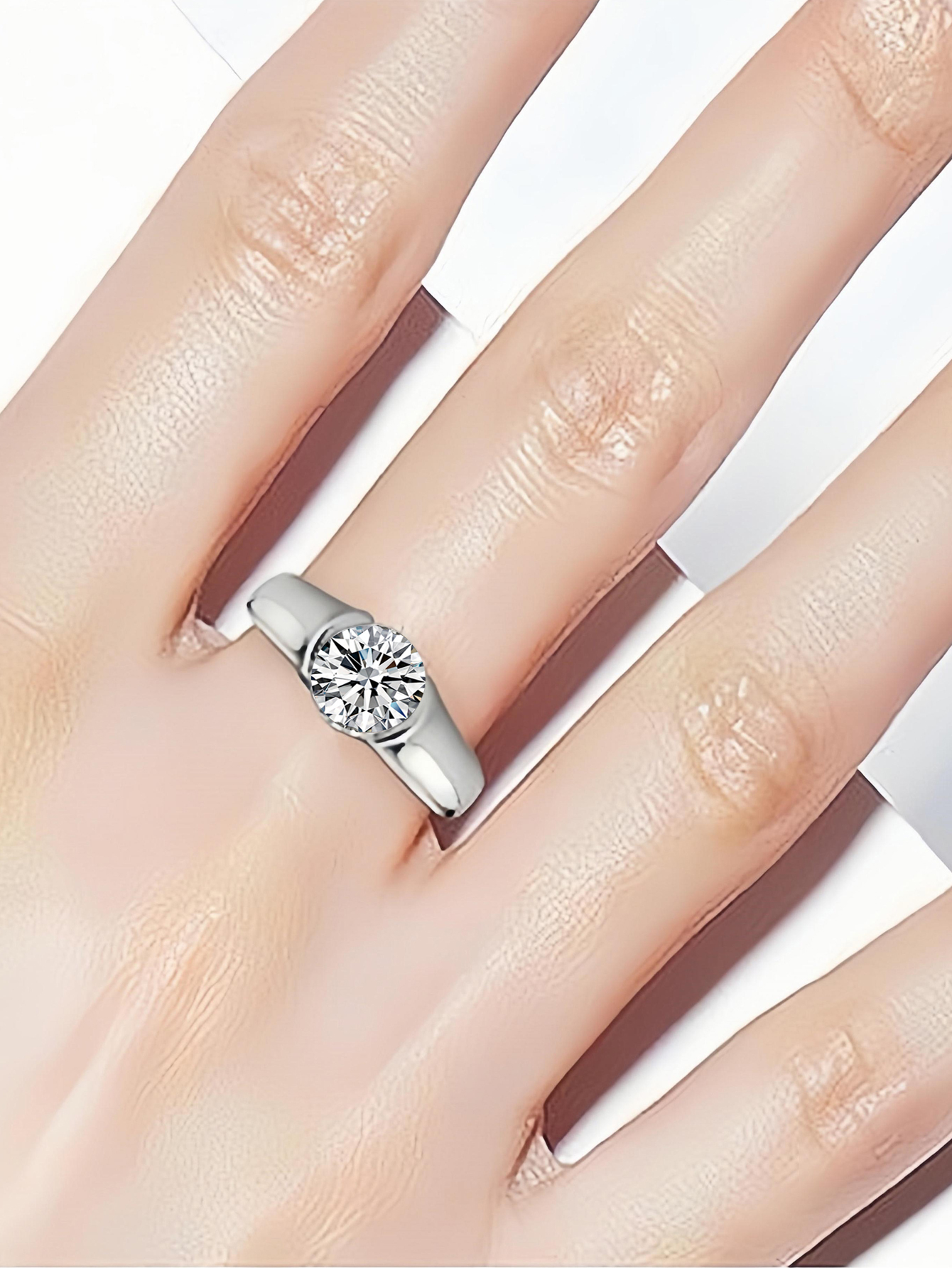 2 Carat Moissanite Half Bezel Set Ring for Women Platinum Plated Silver D color VVS 8mm Moissanite Diamond Solitaire Engagement Promise Band