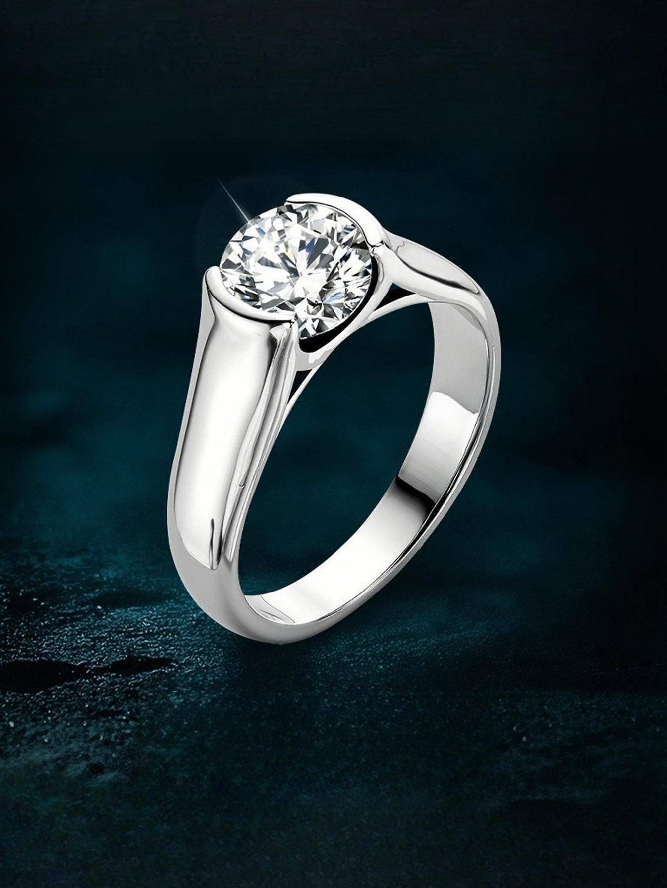 2 Carat Moissanite Half Bezel Set Ring for Women Platinum Plated Silver D color VVS 8mm Moissanite Diamond Solitaire Engagement Promise Band