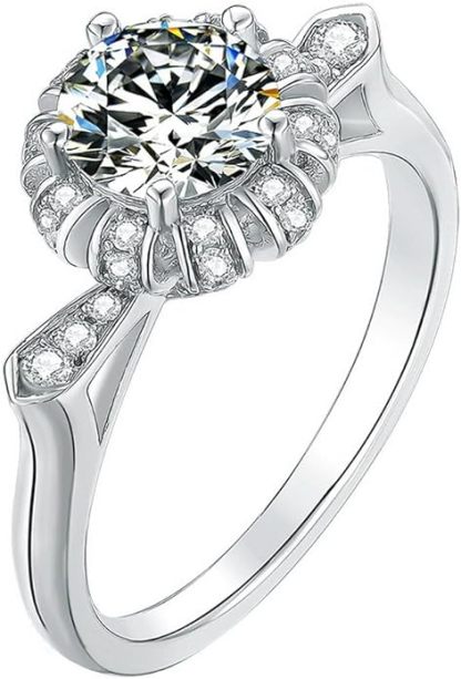  1 Carat Diamond Ring, Moissanite Engagement Rings, Luxury Promise Ring, Wedding Band Set for Women, Round Cut D Color Platinum Plated Silver, Couple Gifts